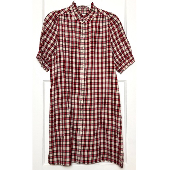 THE GREAT Heritage Tartan Plaid Ruffle Short Puff Sleeve Button Up Shirt Dress S - Picture 2 of 4